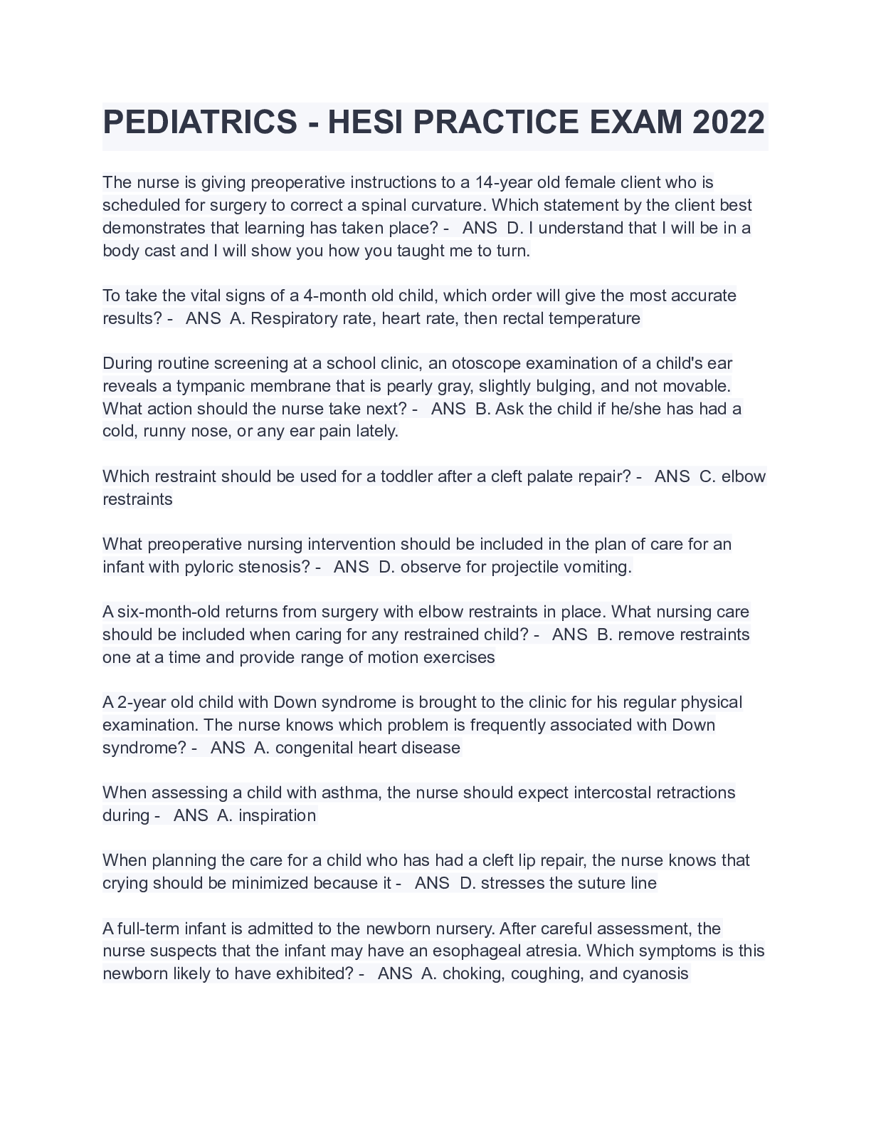 Preview image for 2022 Nursing_knowledge_Assessment_Practice_Exam Pediatrics (PEDS) Exit Hesi Exam Version 2 (V2): A+ Received ~All 55 Questions~ Brand New!!